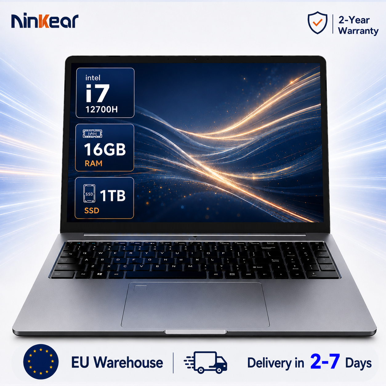 Laptop Ninkear N16 Pro 16 cali Intel Core i7-12700H 16GB RAM 1TB SSD Wyświetlacz 2.5K 120Hz WiFi 6 Odcisk Palca Podświetlana Klawiatura Szybkie Ładowanie Cienki Notebook do Biura Gier Biznesu Wtyczka EU