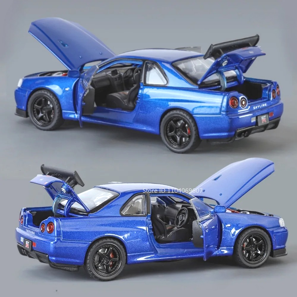 Skala 1:32 SKYLINE GTR R34 Mainan Model Mobil Sport Diecast Logam Model Supercar Tarik Kembali Ornamen Cahaya Suara Hadiah Anak-anak Dewasa