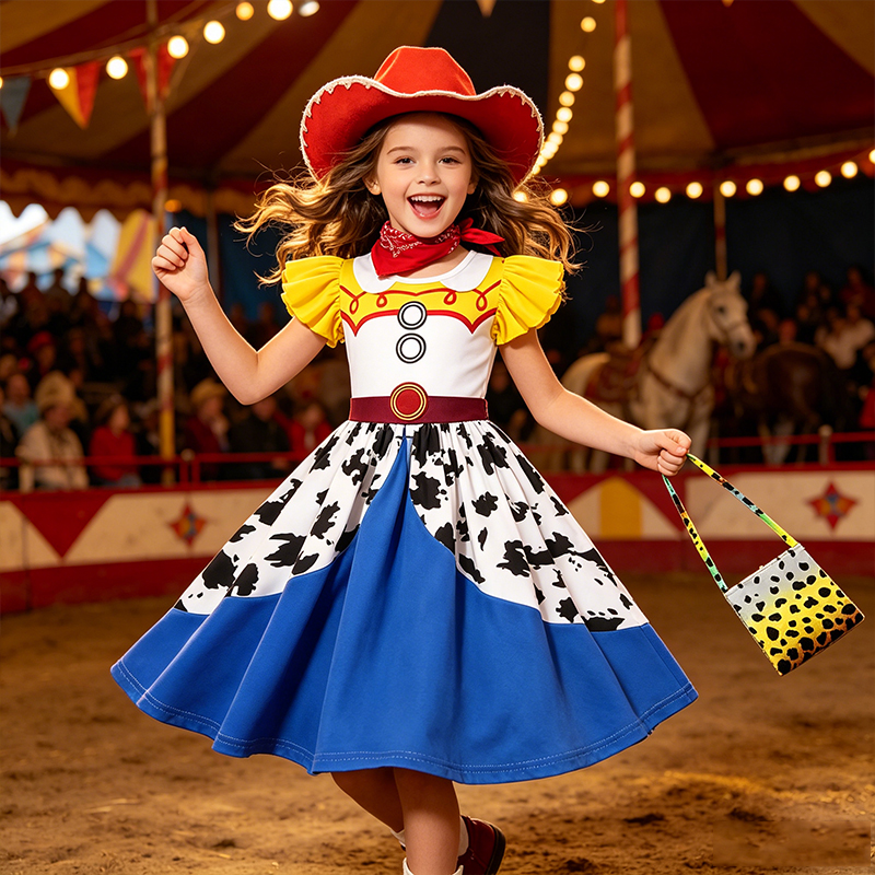 Girls Toy Story Jessie Western Costume Dress Cow Print Design Kids Cosplay Outfit Birthday Halloween Carnival Fancy Dress Up
