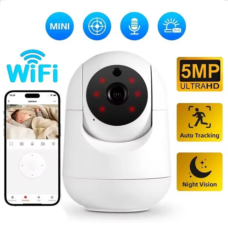 กล้อง WiFi 5MP สมาร์ทโฮม กล้องวงจรปิดไร้สายภายในอาคาร ระบบตรวจจับ AI ติดตามอัตโนมัติ กล้องรักษาความปลอดภัย กล้องดูเด็ก