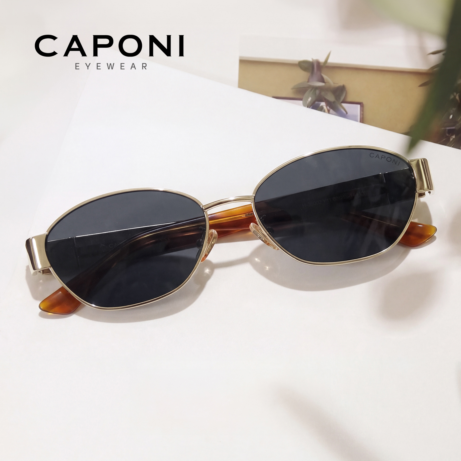CAPONI Occhiali da sole polarizzati da donna Moda Acetato Outdoor Design vintage Occhiali da sole di alta qualità UV400 Tonalità ambra CP36002