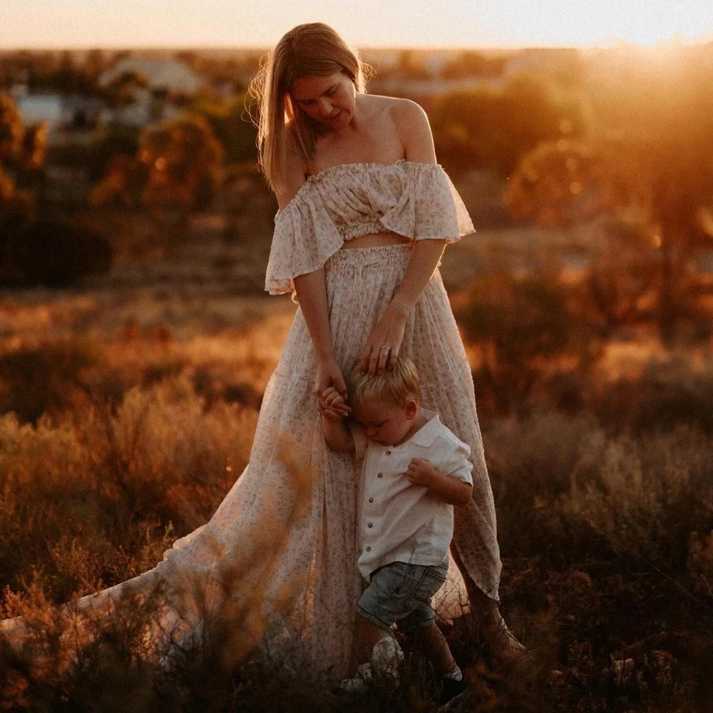 Boho sukienka ciążowa do sesji zdjęciowej elegancki kwiatowy szyfonowy dwuczęściowy zestaw dla kobiet sesja zdjęciowa ciążowa strój na Baby Shower