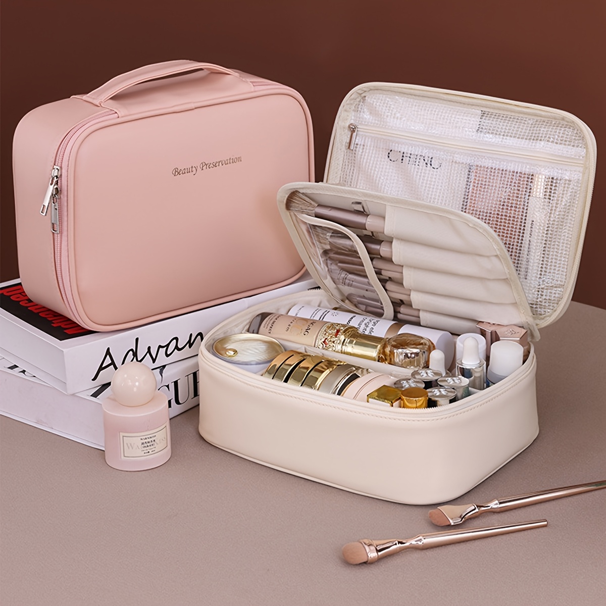 Bolsa de maquillaje de doble capa de cuero PU, bolsas de cosméticos de gran capacidad, organizador de cosméticos de lujo, elementos esenciales de viaje para mujer