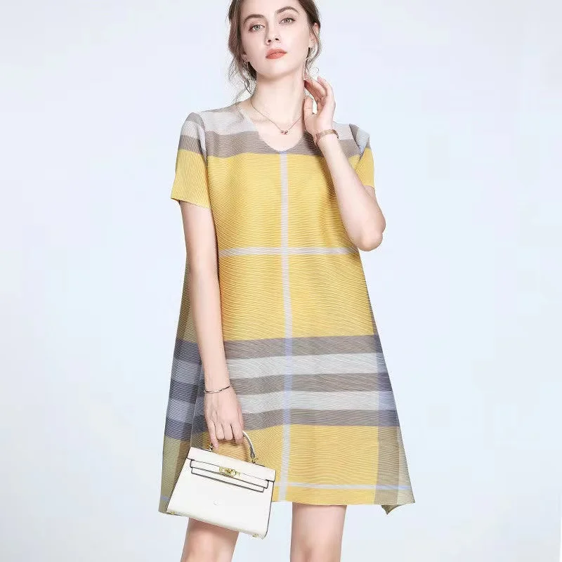 Miyake ชุดมินิเดรสฝรั่งเศสมีจีบสำหรับผู้หญิงไฮเอนด์สไตล์ตะวันตกหลวมลดอายุพิมพ์ลายทางเสื้อผ้าใหม่2022