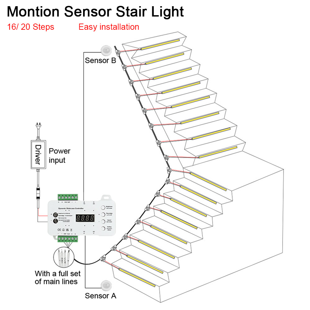 Tira de luces LED para escaleras de 1-40 pasos, tira de luces LED con Sensor de movimiento para escaleras con 2 sensores, tira de luces para escaleras de fácil instalación