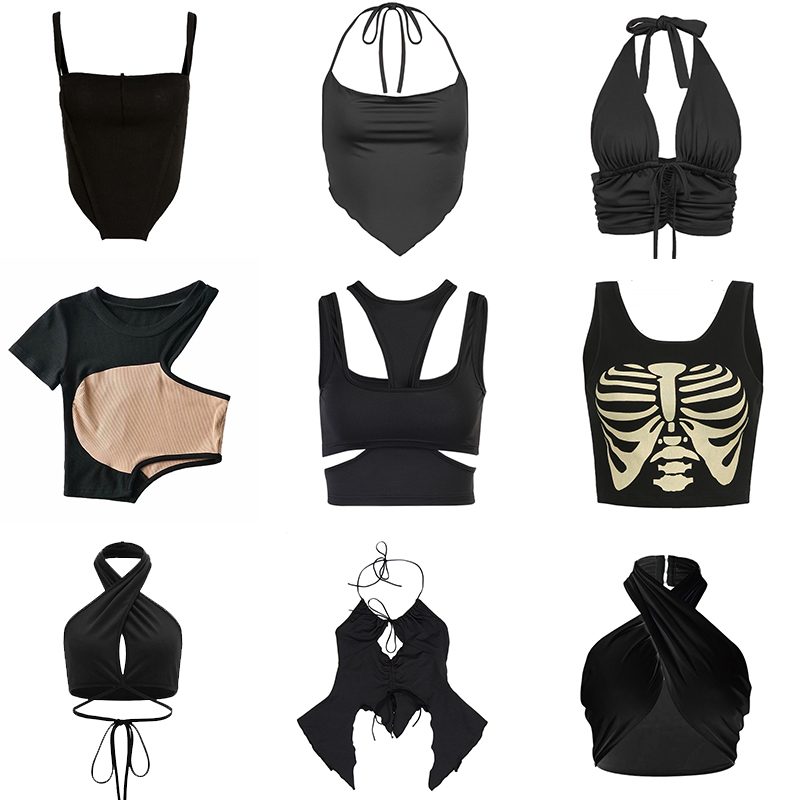 90s Women Sexy Goth Cami Top Y2K Aesthetic Black Sleeveless Backless Halter Crop Vest E-girl 2022 Vintage Summer Tank Top Clothe