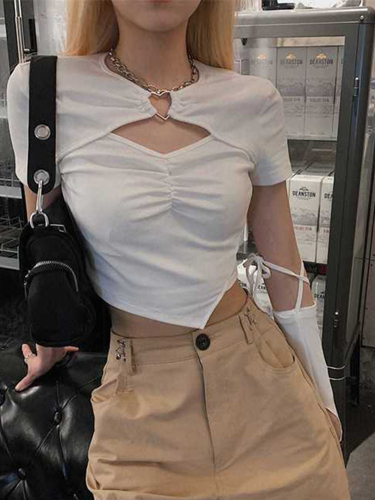 Camiseta de manga corta de calle alta para mujer, Top corto Harajuku de verano con diseño ajustado calado Ins estilo coreano por encima del ombligo, combina con todo