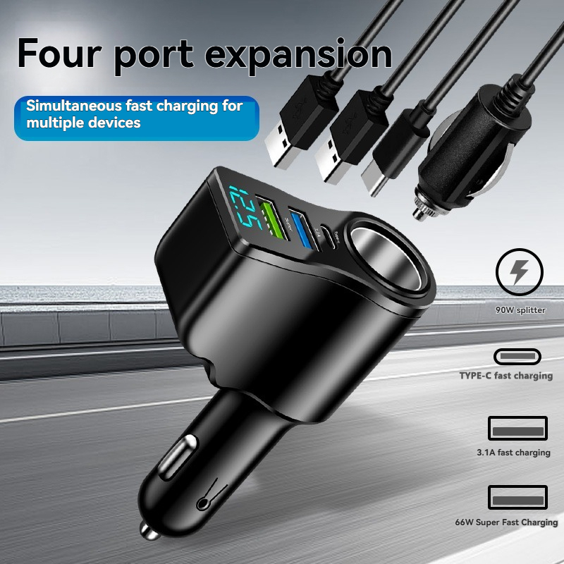 Nieuwe digitale display auto snellader dubbele USB autolader auto één-op-drie sigarettenaansteker 66W auto multifunctionele lader