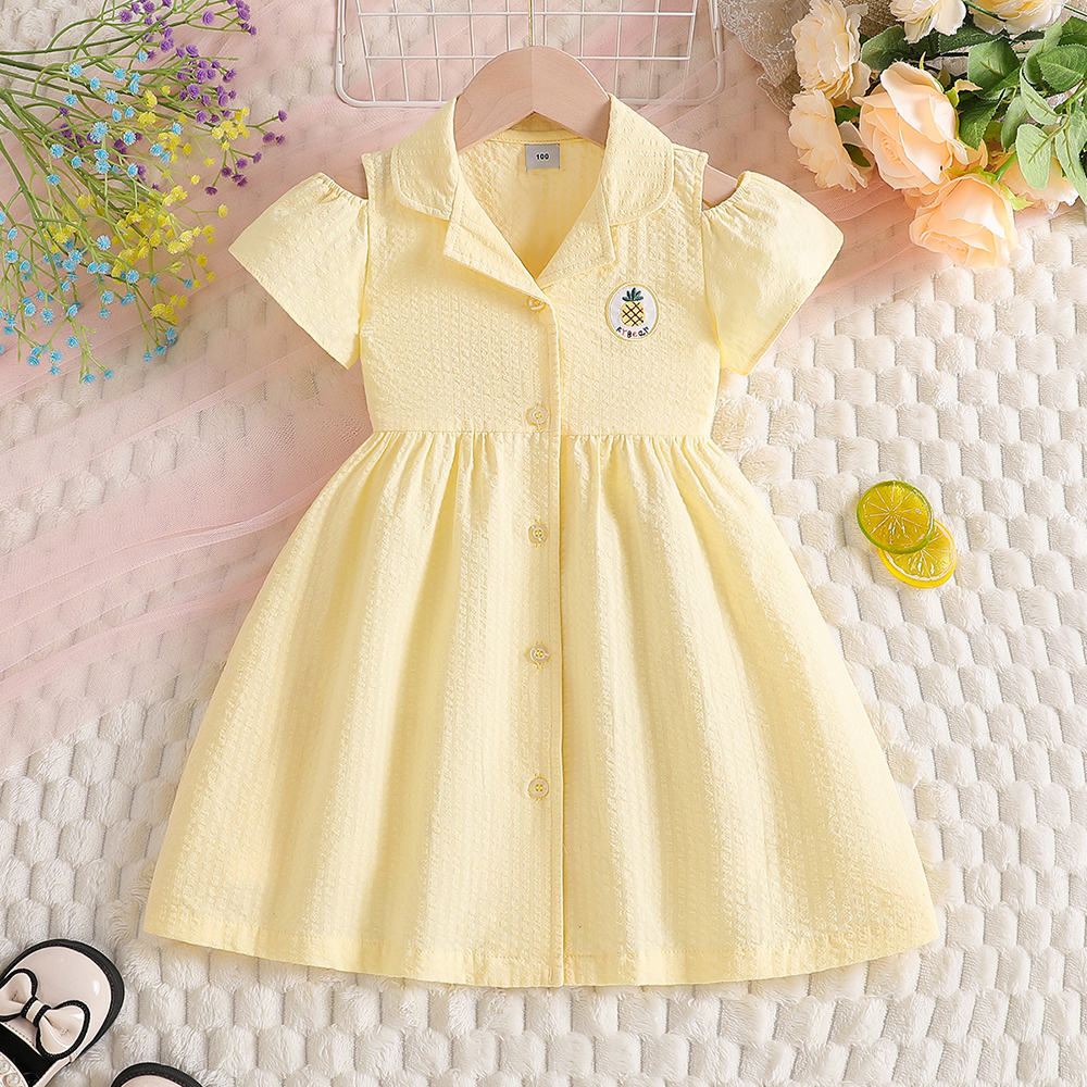 Mädchen-Sommerkleid, 100 % Baumwolle, 2–8 Jahre, schulterfrei, kurze Ärmel, Ananas-Stickerei, Knopfleiste, lässiges A-Linien-Sommerkleid