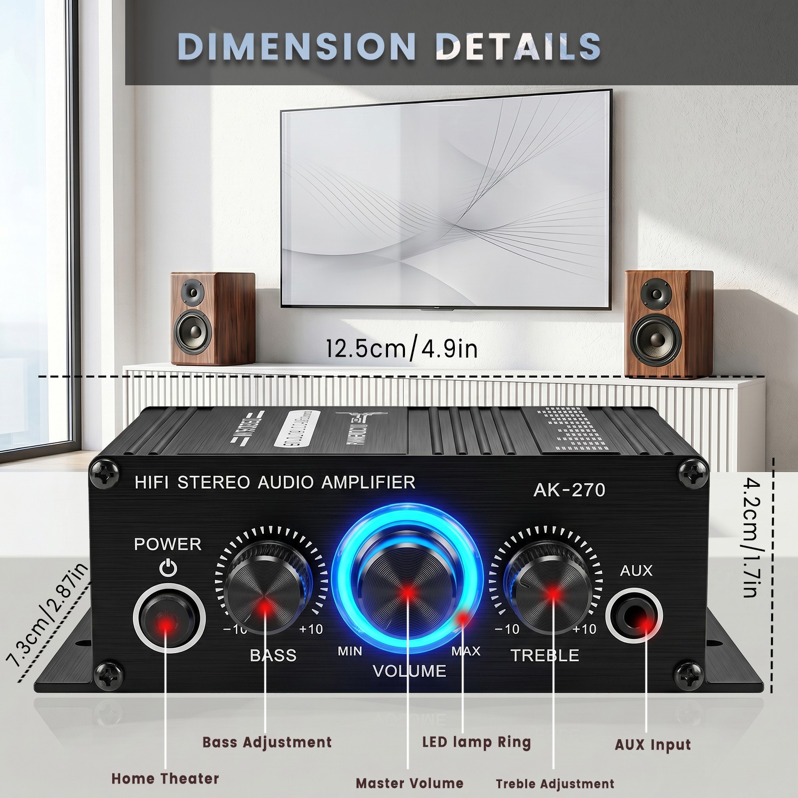 Amplificador de Potência Digital HiFi AK-270, Amplificador de Áudio Estéreo de Canal Duplo com Controle de EQ para Graves e Agudos, Mini Amplificador para Casa, Carro e Barco