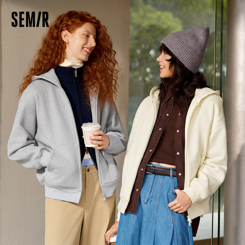 Semir Jacket Women Fleece Drop Shoulder Loose Lazy Sweatshirt White Winter 2025 New Minimalist Hooded Women's Clothing
