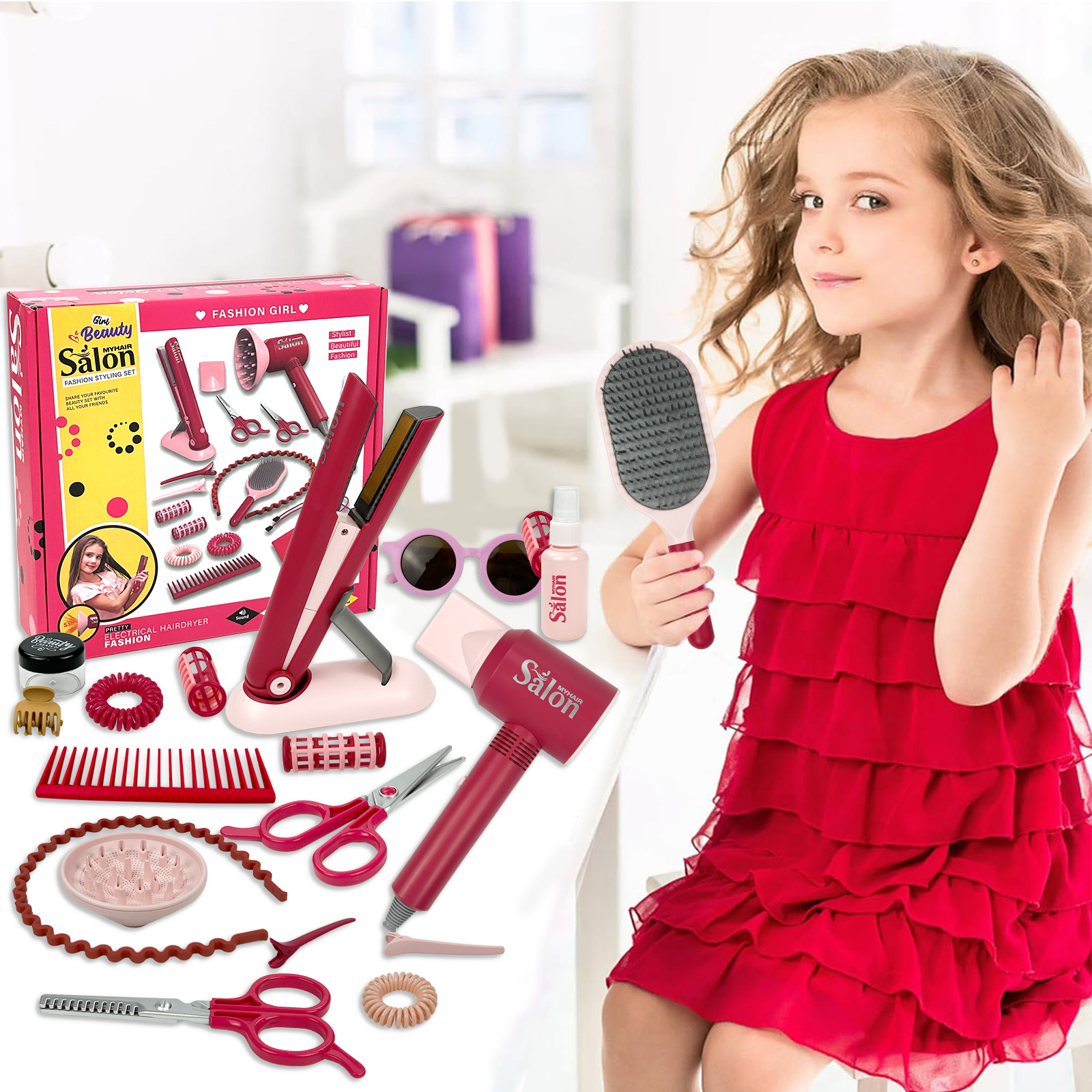 ガールズビューティーヘアサロンおもちゃキット プレイメイクアップセット ブロードライヤー理容コスチュームエプロン付き 3歳以上の女の子の誕生日プレゼント用