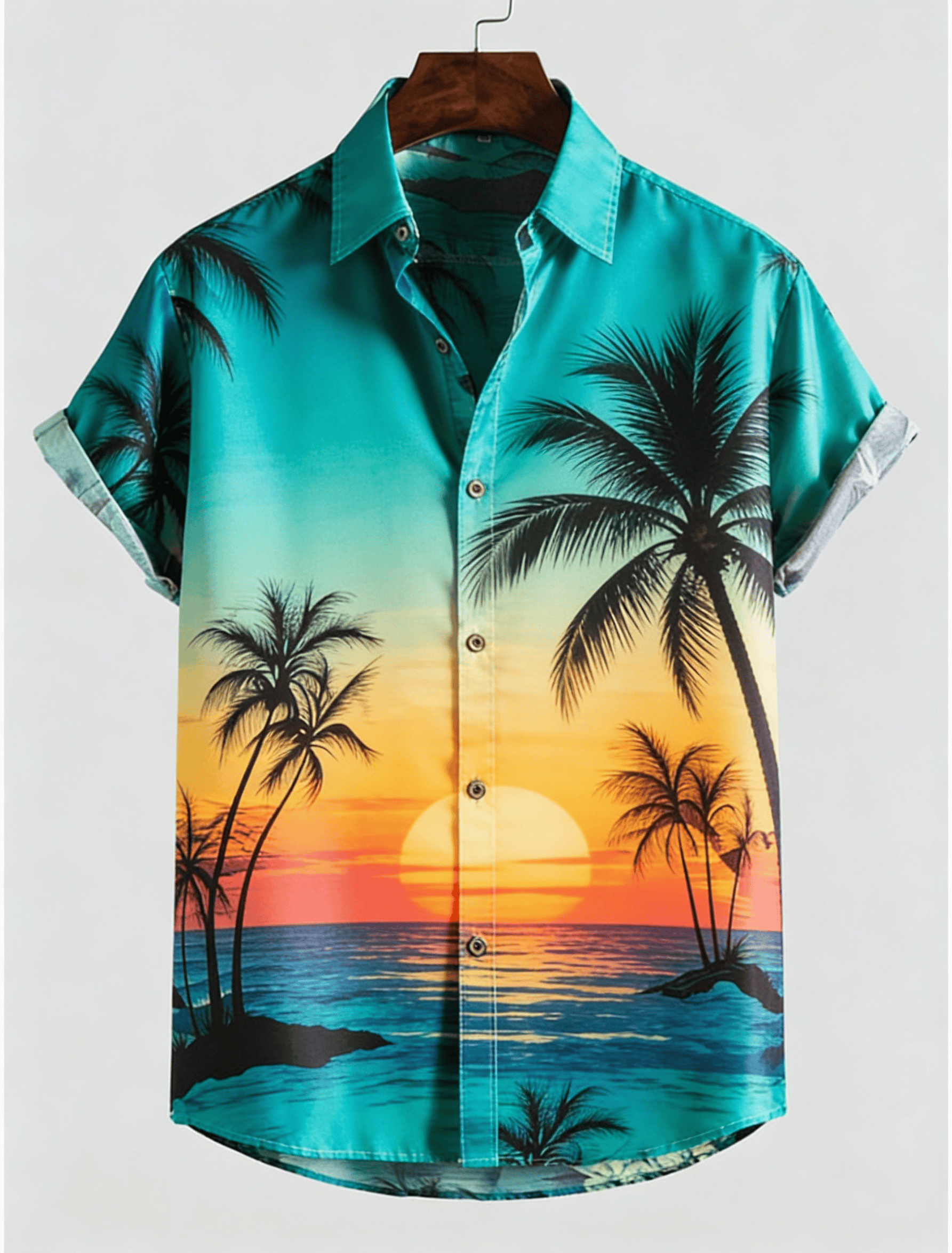 Heren overhemd met korte mouwen, strandzonsopgang en kokospalmprint, Hawaiiaans zomer- en lente-shirt, casual top met zakken en reverskraag