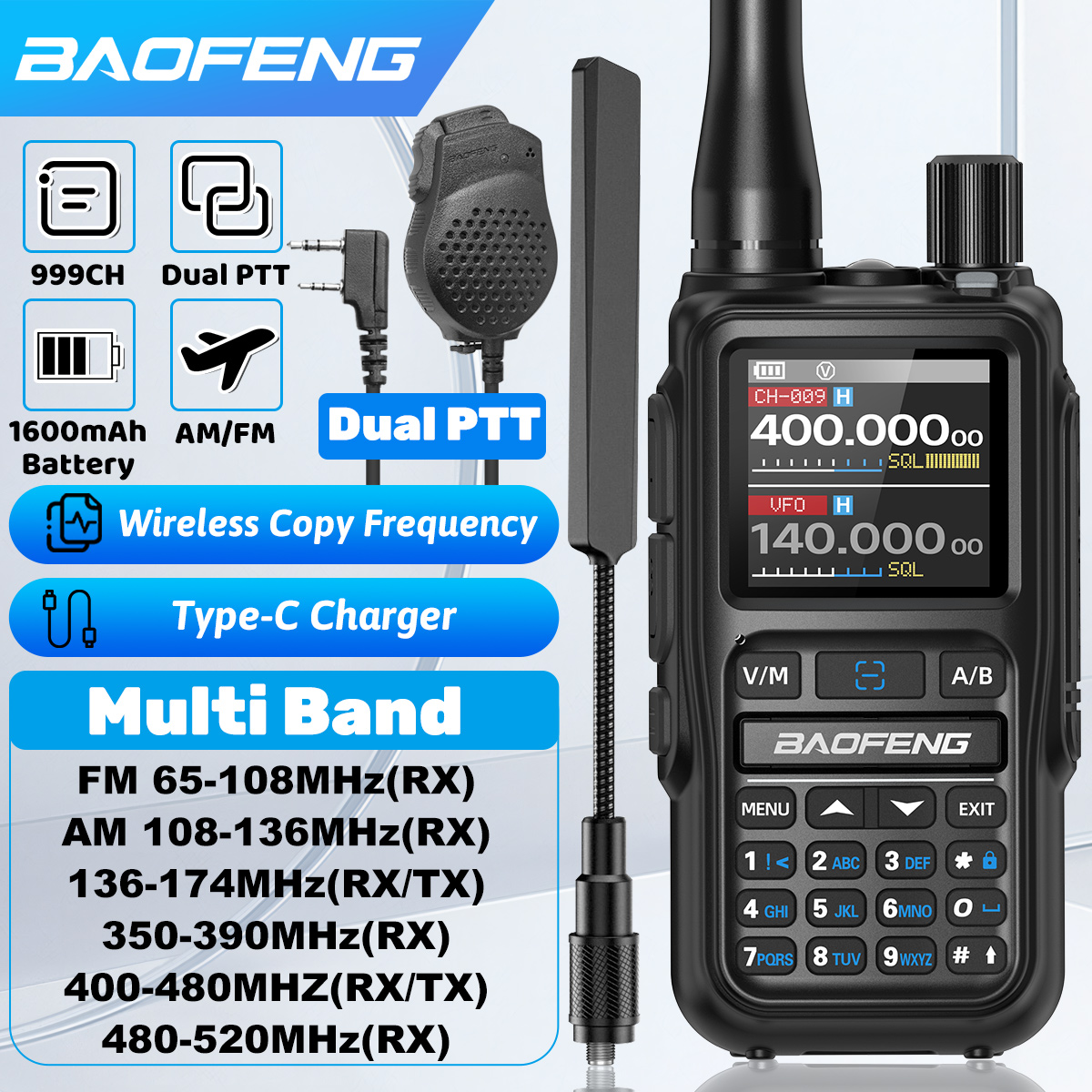 Baofeng UV 5R Mini Walkie Talkie con Bluetooth, Programación Inalámbrica, Copia de Frecuencia, Tipo-C, Múltiples Colores, Doble PTT, Radios de Campamento