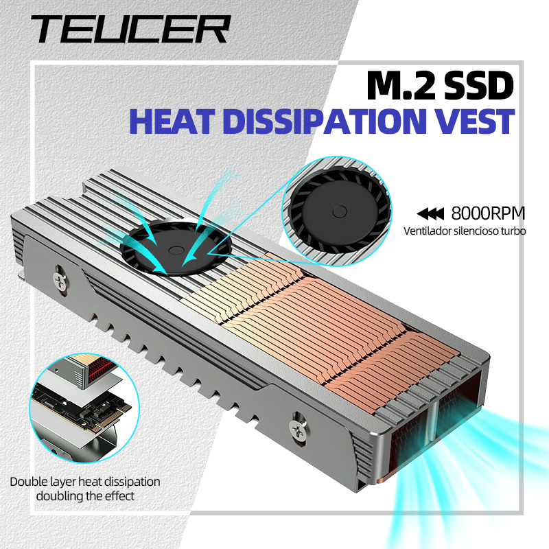 Teucer-Dissipateur thermique SSD M.2 NVcloser, structure en cuivre et aluminium, ventilateur silencieux, refroidissement actif, 2280, refroidisseur de disque SSD