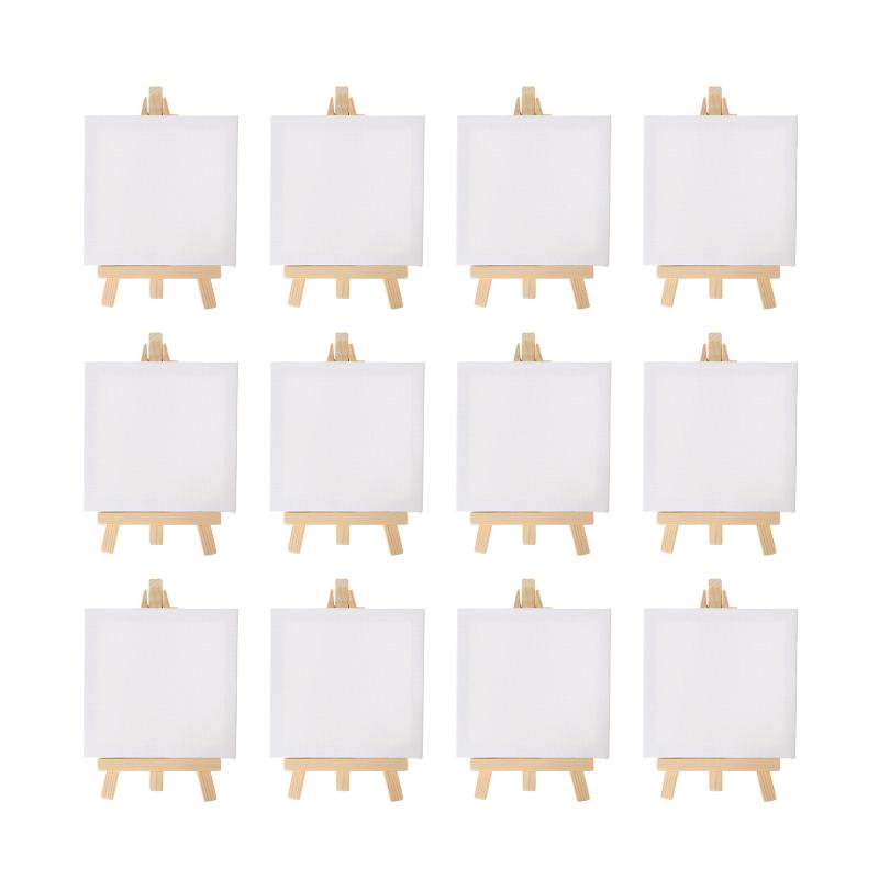 12pçs artistas 5 polegadas mini cavalete + 3 polegadas x 3 polegadas mini conjunto de tela pintura crianças artesanato diy desenho pequeno cavalete de mesa para a escola