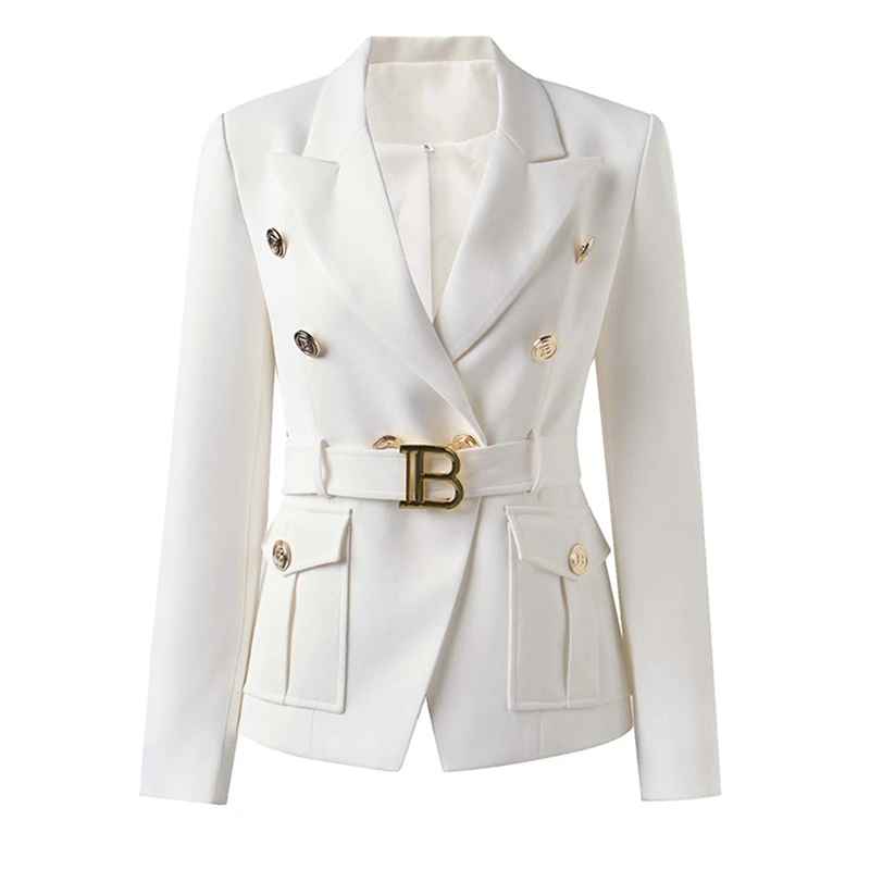 Fábrica personaliza qualidade de luxo estilo clássico escritório branco preto feminino blazer de bolso com blet