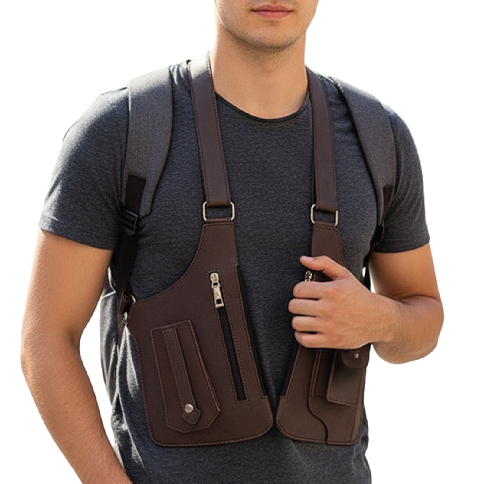PU-Leder, doppelte Schulter-Achseltasche, mehrere Taschen, Unterarmgurt, Geldbörse, Tasche, Diebstahlschutz, für Männer und Frauen, Reisen im Freien