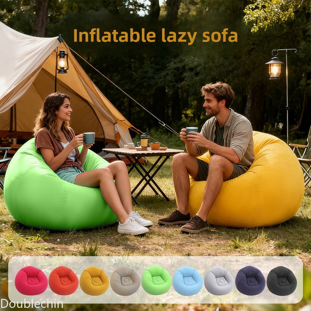 Opblaasbare lazy sofa met flocking, opvouwbare beanbag in balvorm, opblaasbare stoel voor binnen en buiten gebruik.