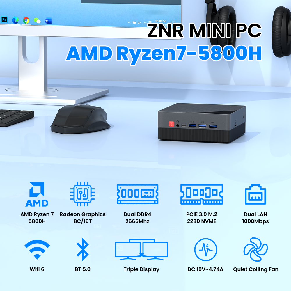 ZXIPC AMD Ryzen5 5625U R7-7530 5800H Gaming Mini PC Computer Gaming Pocket Dual LAN WIFI6 BT 5.2 NUC Office DDR4 NVMe