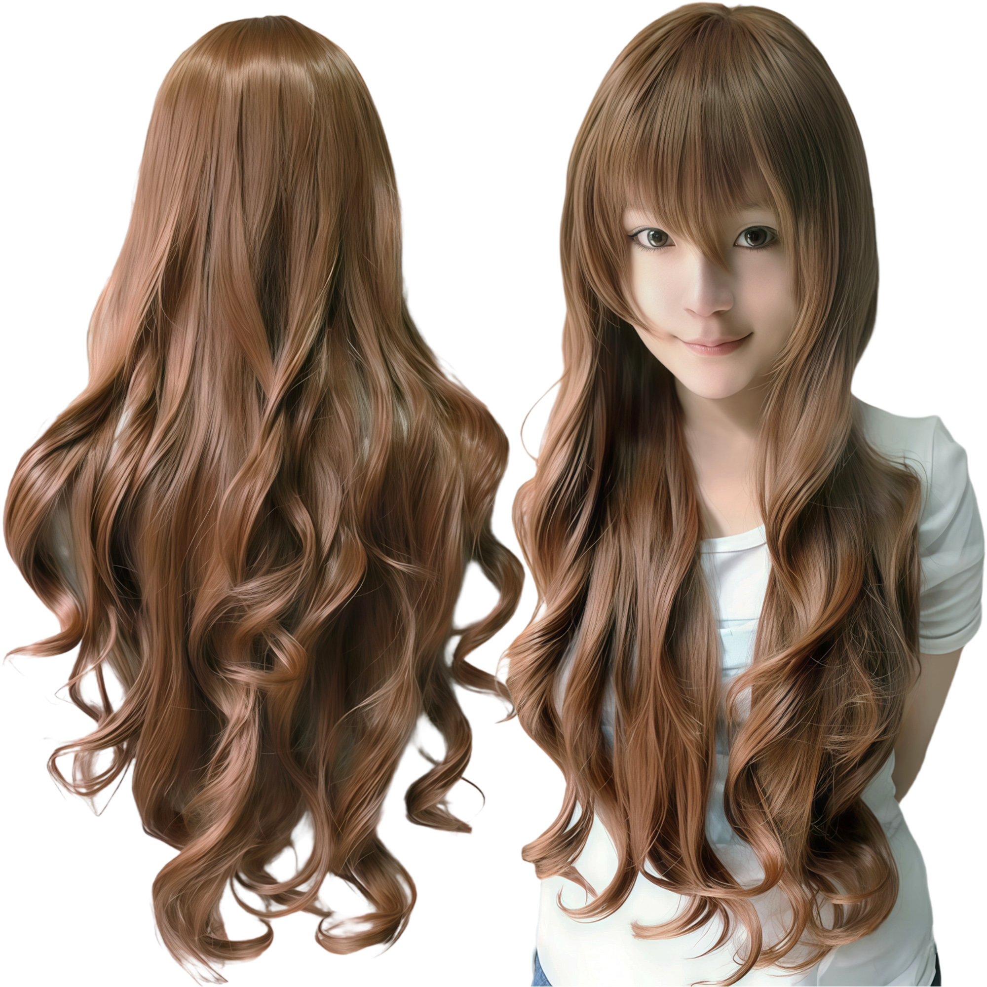 Peruca Sintética Longa Marrom para Cosplay, Peruca Cacheada Estilo Lolita Anime, Peruca de Fantasia Chizuru Mizuhara para Mulheres