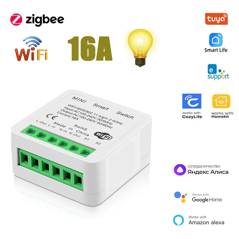 Zigbee WIFI Mini Interruptor Inteligente DIY 16A 2 Way Controle Breaker Via Alexa Alice Google Home Tuya Smart Life Ewelink Cozylife Homekit