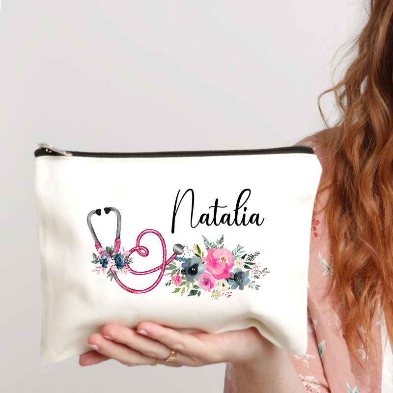 Personalized Nurse Storage Bag Zipper Canvas Pouch Office Supplies Pen Case Wallet Customized Name Cosmetic Bags Gift for Nurses