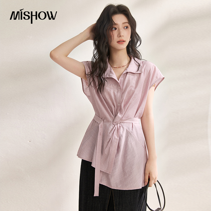 MISHOW Damen Hemdbluse mit Taillenband 2026 Sommer Neu Kragen Kurzarm Knotendetail Taillierte Freizeit-Tunika-Bluse MXF24C2488