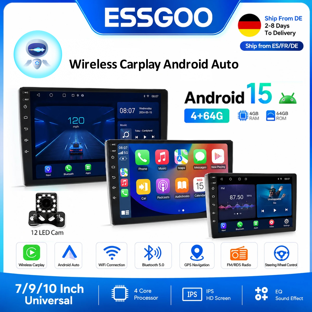 ESSGOO Android 15 Draadloze Carplay Autoradio 2 Din 7"/9"/10" GPS Navigator MP5 Speler Glas Scherm Wi-Fi FM BT Auto Stereo