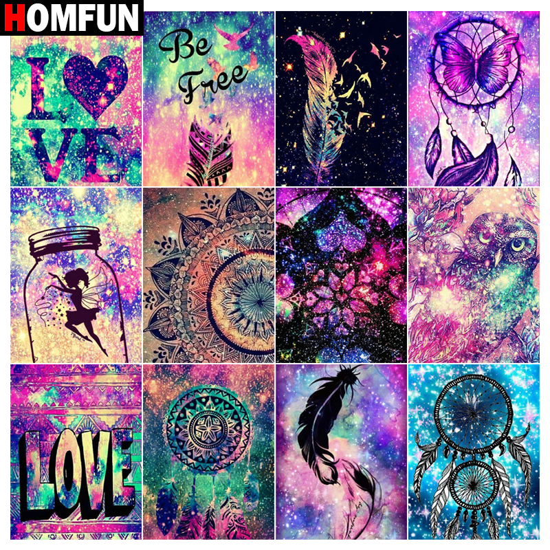 HOMFUN-pintura de diamante 5d Diy "pluma de Color amor", punto de cruz, bordado de diamantes cuadrados y redondos, arte de diamantes de imitación hecho a mano
