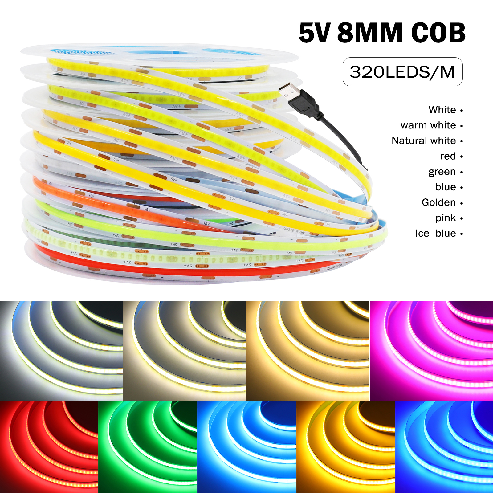 Tira COB USB de 5V CC, 320Leds/M, blanco/azul hielo/rosa/amarillo/rosa/rojo, PCB, cinta Flexible de 8MM, lámpara nocturna, tira de LED para retroiluminación de TV