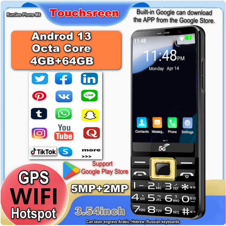 Поддержка Google Play Store Rungee M8 4G/5G Сеть 4 ГБ + 64 ГБ Android 13 Сенсорный экран 3,54 дюйма GPS Арабская иврит Русская клавиатура