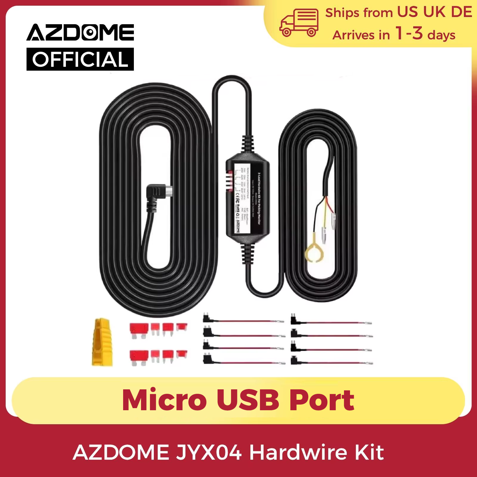 AZDOME JYX04 Kit de cables duros DVR para coche para M300 protección de baja vol puerto Micro USB Cable de alimentación ACC 12V-24V entrada 5V3A salida