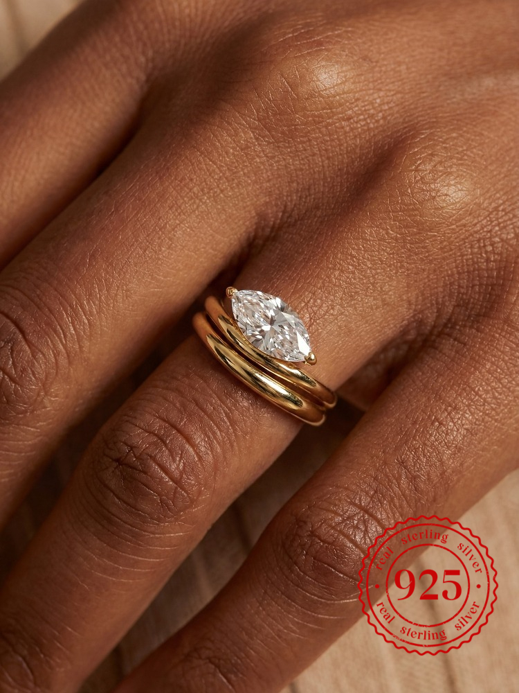 Anello in argento sterling 925 con zirconi marquise a onda liscia semplice per le donne, festa di fidanzamento, uso quotidiano, gioielleria raffinata di alta qualità