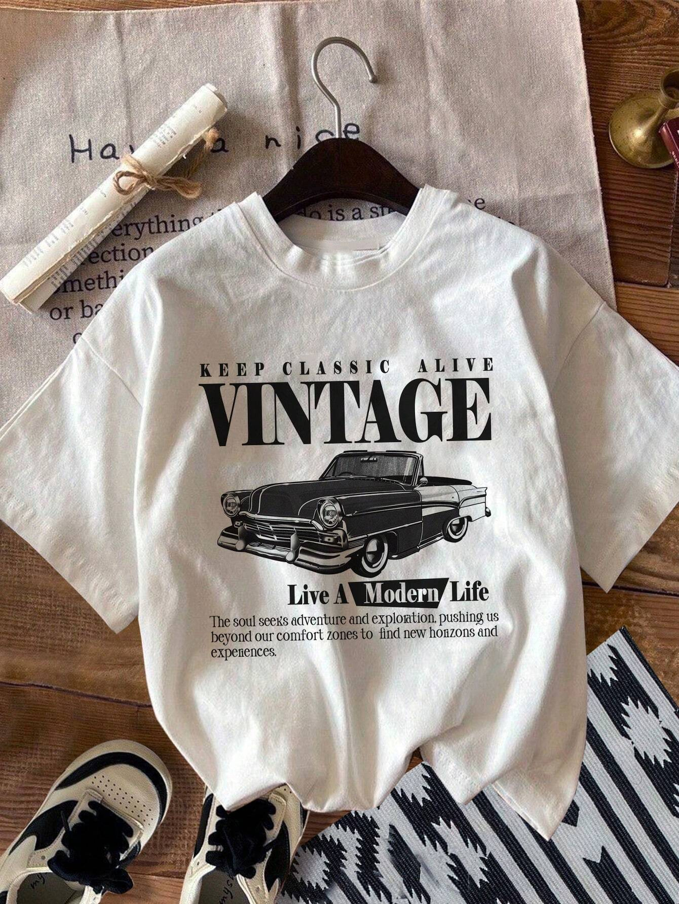 Vintage Car Print T-Shirty damskie Street Oddychające Wygodne Topy z krótkim rękawem Moda Osobowość Luźna koszulka sportowa damska