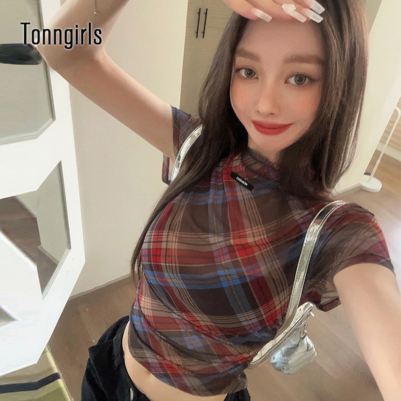 Tonngirls y2k vintage malha topos de manga curta xadrez ver através t camisa feminina streetwear 2000s japonês fariycore camisetas verão