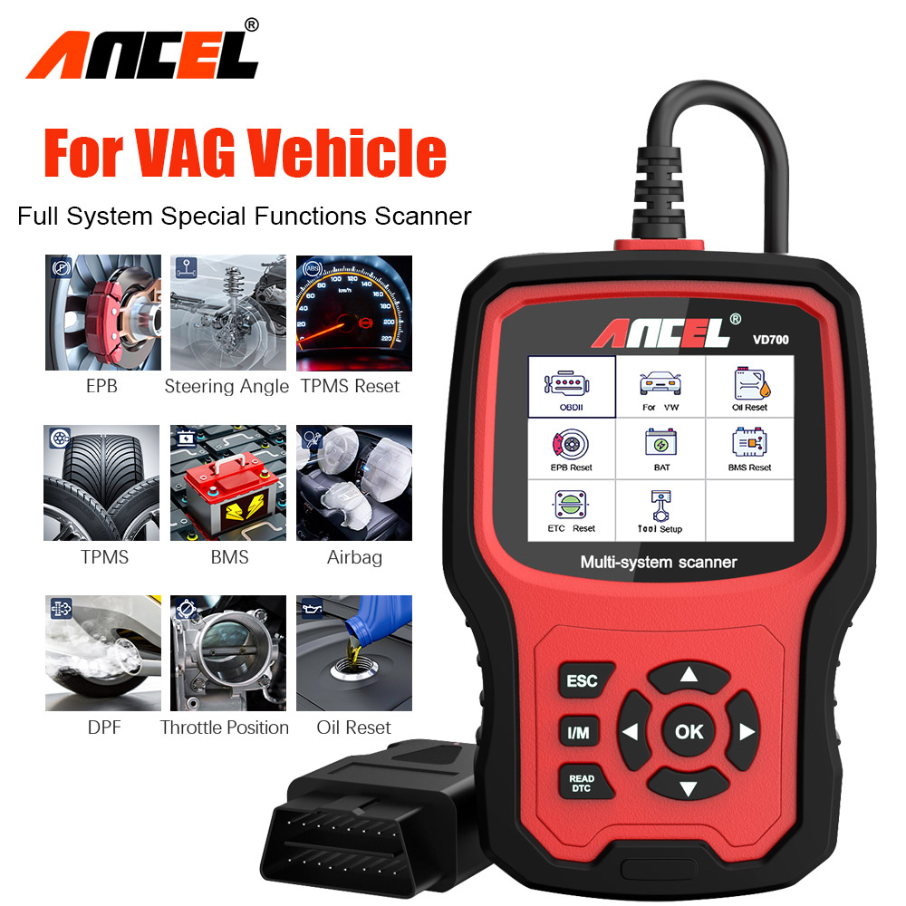 Ancel-VD700 OBD2 varredor automotivo, ferramentas completas do diagnóstico do sistema, ABS, EPB, TPMS, DPF, restauração para o VAG, VW, Audi, Skoda, Seat