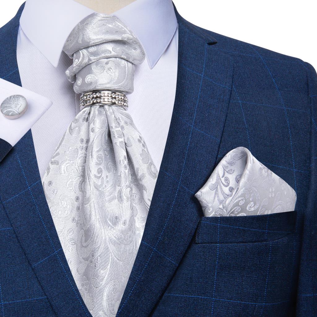 Homens de luxo prata paisley seda ascot gravata conjunto festa casamento cravat branco laços lenço abotoaduras gravata anel conjuntos dibangu