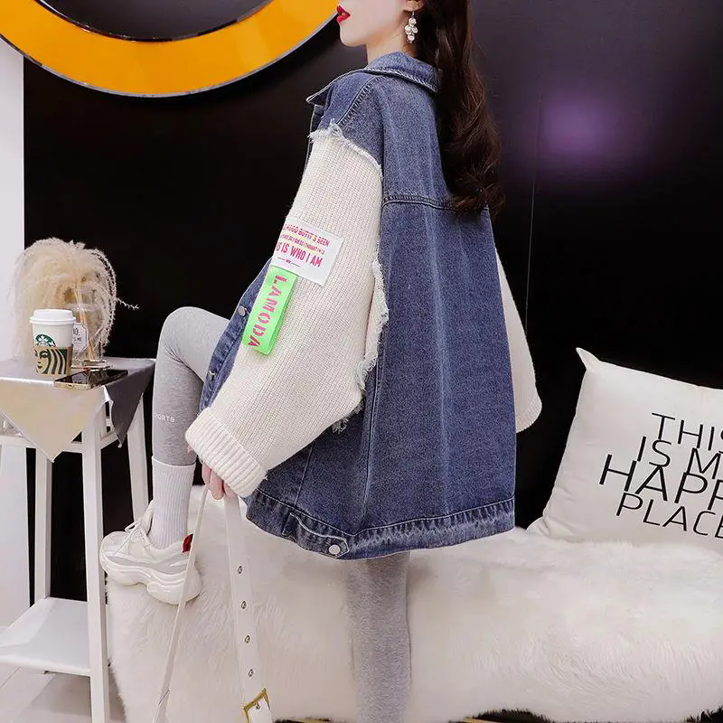 Szara dzianinowa kurtka jeansowa damska modna elegancka jesienno-zimowa koreańska luźna w stylu lazy wind casualowa odzież wierzchnia damska