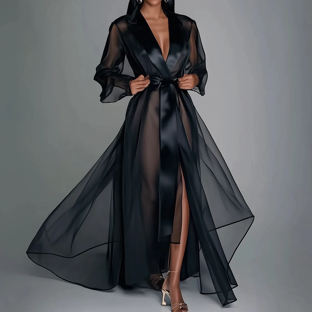 Organza doorzichtige lange mouwen kanten gewaad maxi-jurk elegante vintage sexy v-hals pure mesh split zoom casual maxi-jurken