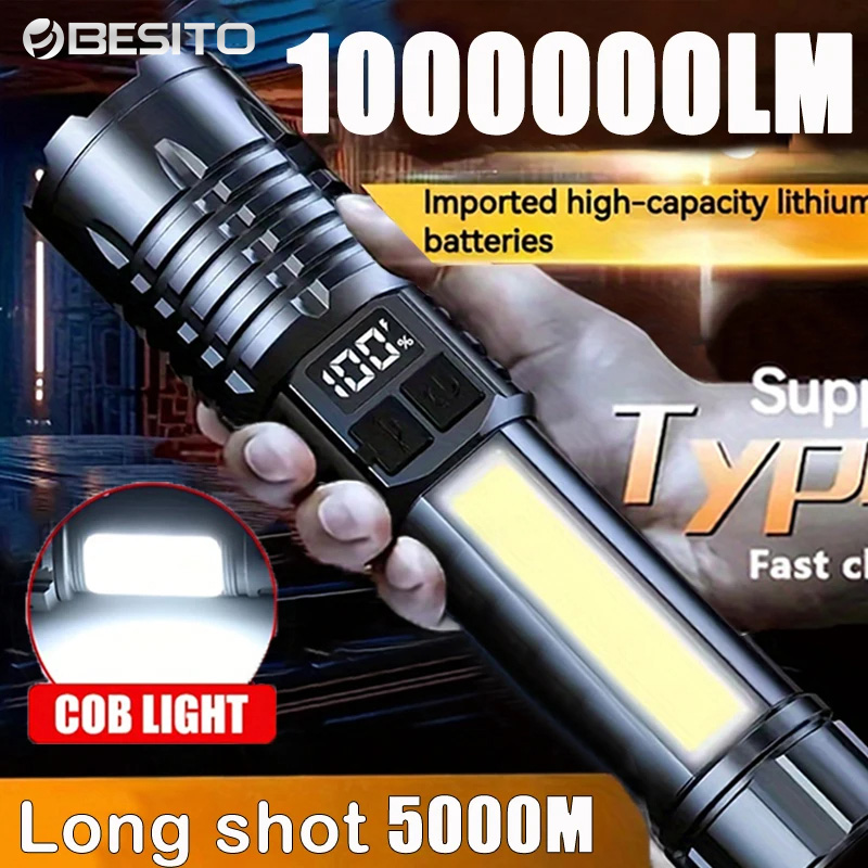Linternas LED portátiles recargables de alta potencia con pantalla de visualización Zoom lámpara de antorcha táctica con luces laterales de emergencia linterna