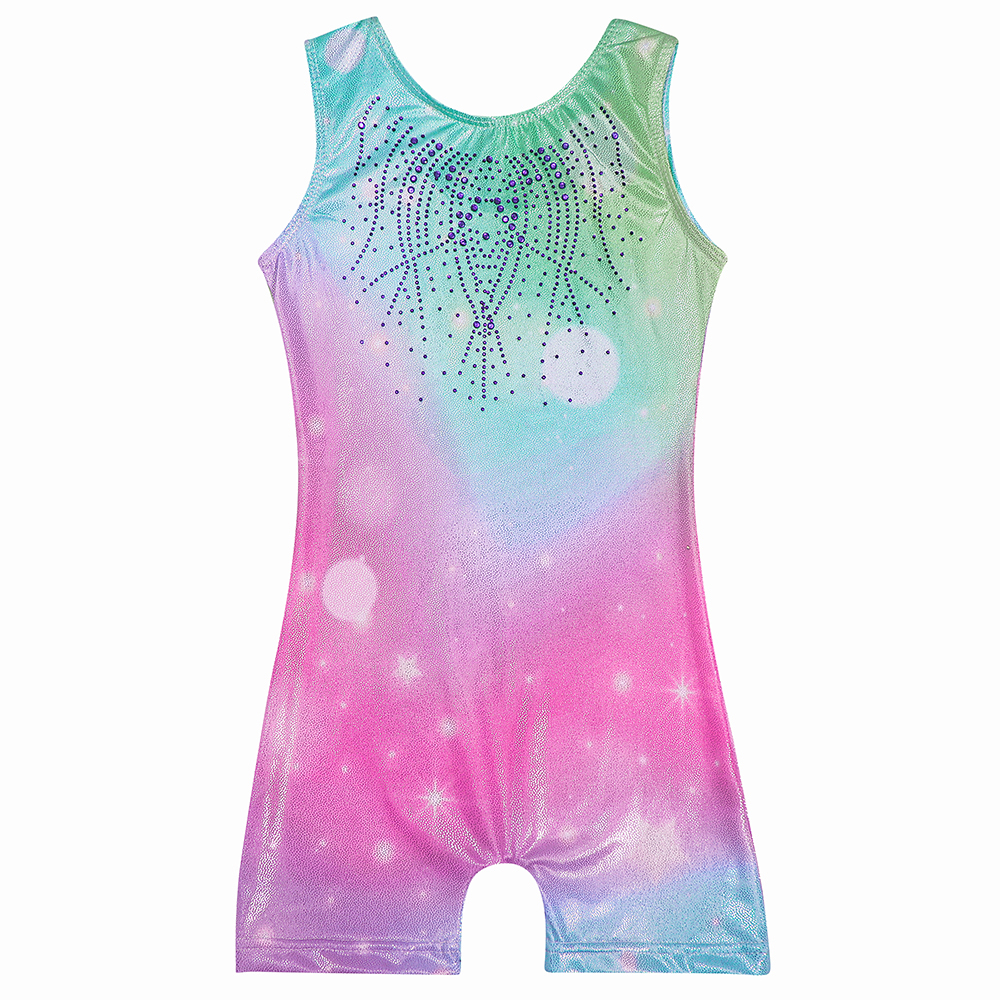 Leotardos de gimnasia para niñas con pantalones cortos, monos de estrella arcoíris para niños pequeños, trajes de baile brillantes, Biketard