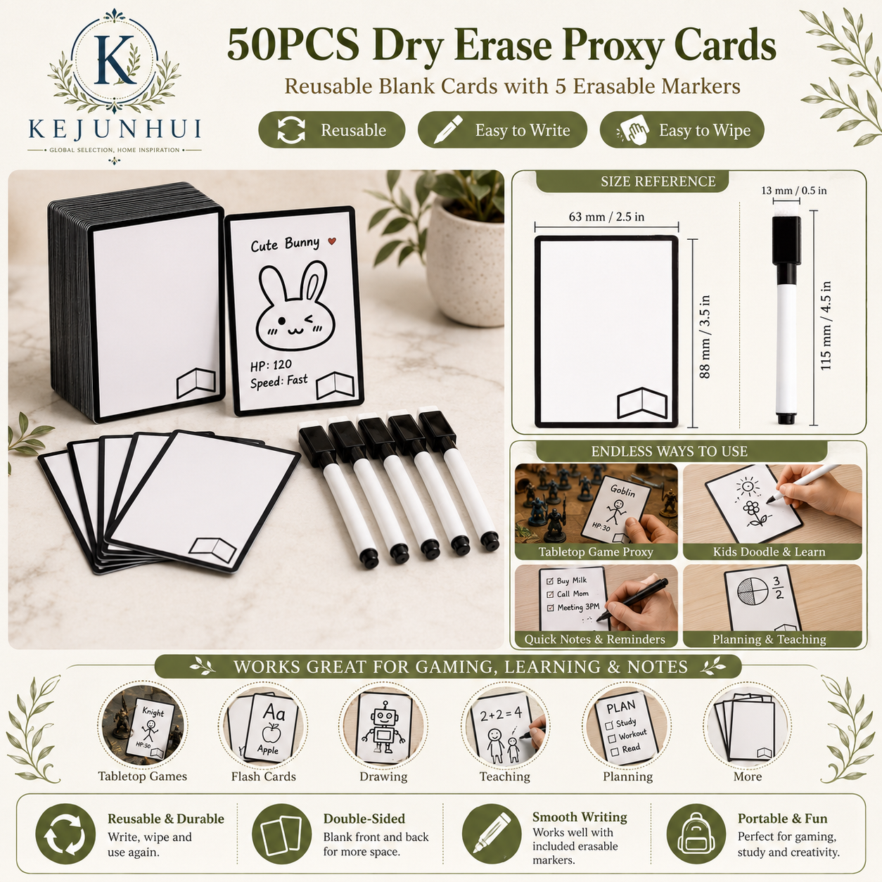 50PCS Reusable Dry Erase Cards Compatible with TCG,MTG & DND – Double-Sided Blank Token Cards with 5PCS Marker, DIY Card Game Ac