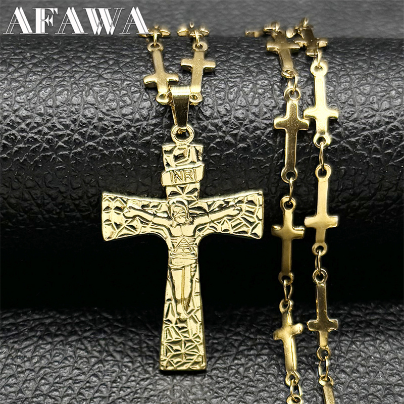 INRI католическое ожерелье с подвеской в виде распятия Иисуса для женщин и мужчин из нержавеющей стали золотого цвета религиозный амулет с крестообразной цепочкой ювелирные изделия