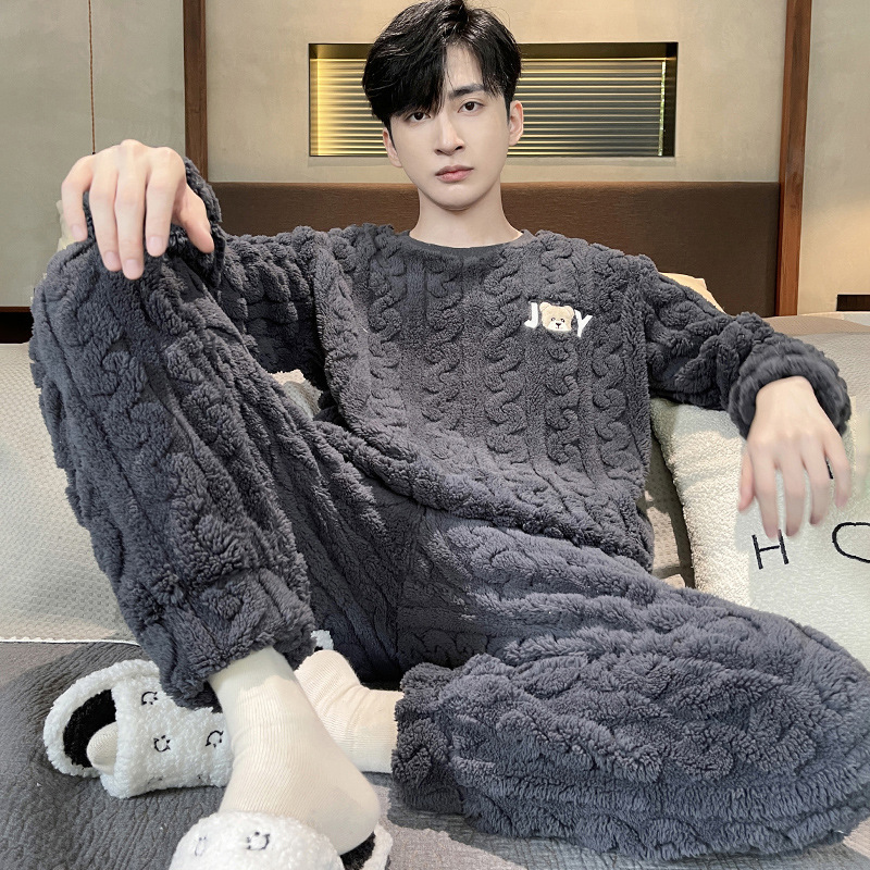 ฤดูใบไม้ร่วงและฤดูหนาวผู้ชายใหม่ขนแกะปะการังชุดชั้นในชุดนอน Homewear ชุดวัยรุ่นหนา Facecloth ชุดนอน Homewear