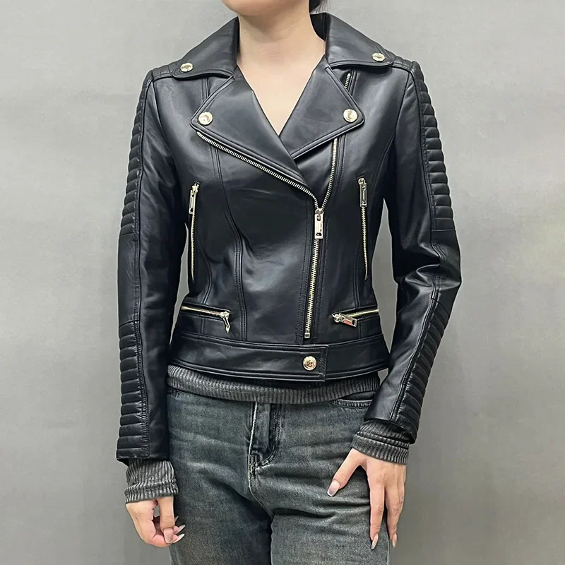 ジッパーとベルト付きの女性用本革ジャケット,長袖ストリートウェアジャケット,秋のファッション,fg5982