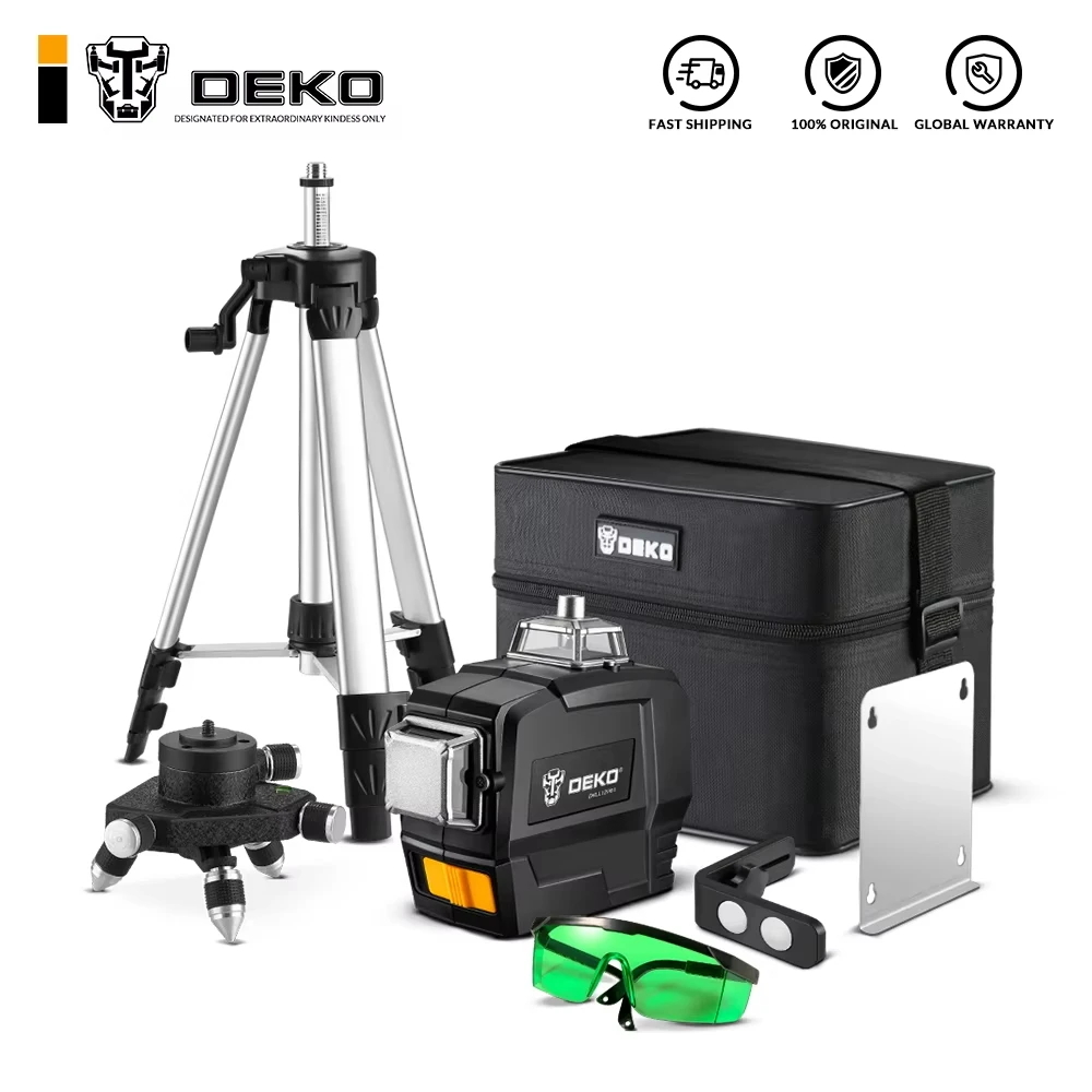 DEKO-Nivel láser serie DKLL12PB, herramienta de nivelación 3D de 12 líneas y luz verde, cruce de rayos Horizontal y Vertical, nivelado automático, apto para interiores y exteriores