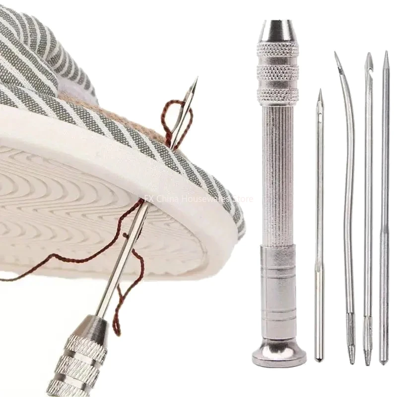Kit de Agulhas de Costura em Couro - 4 Agulhas Substituíveis, Ferramenta DIY para Reparo de Calçados e Costura de Tendas de Lona, Agulha de Costura em Couro Prateada