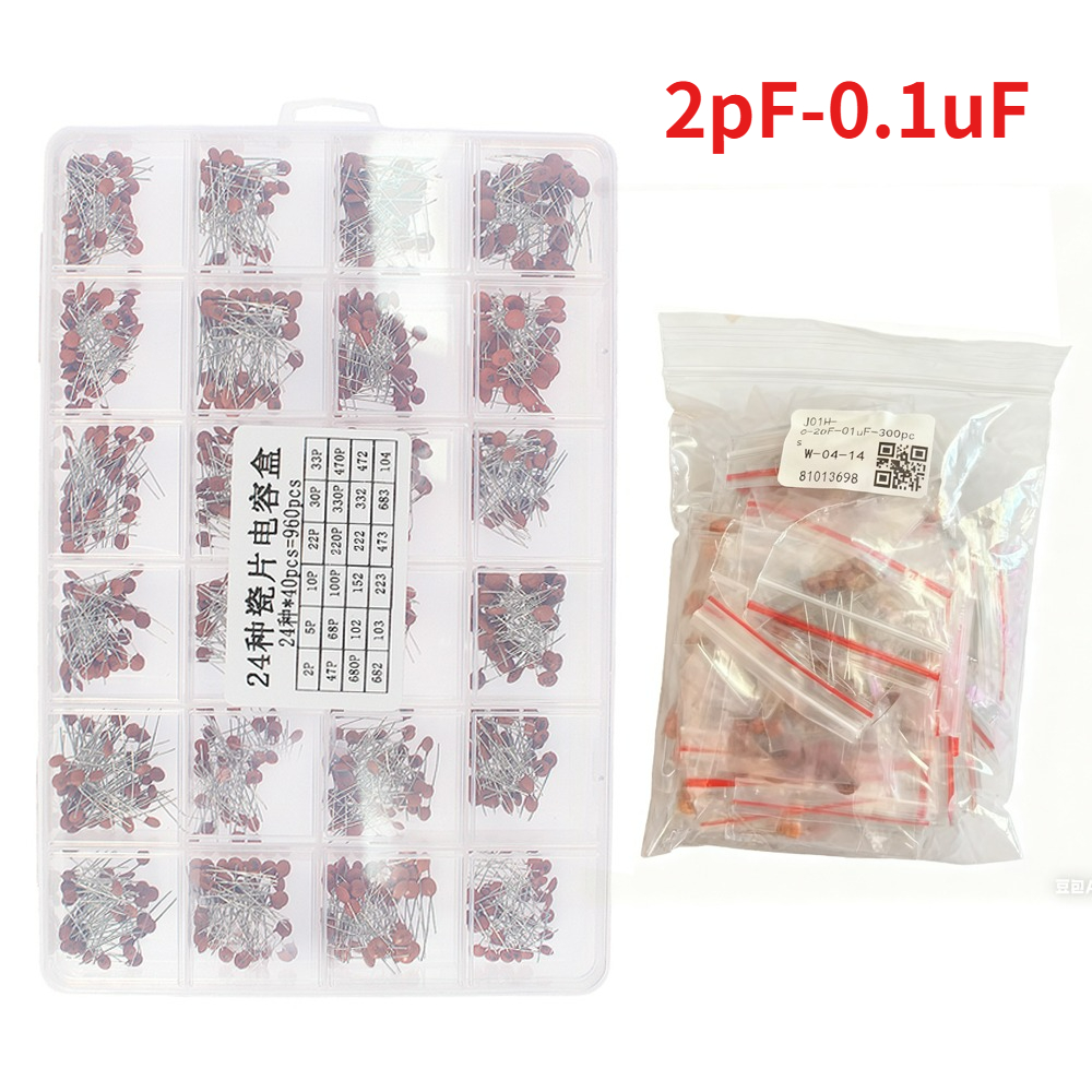 Zestaw kondensatorów ceramicznych 50V, 300-960 sztuk, 2PF-0.1UF, pakiet komponentów elektronicznych, kondensatory, różne próbki, zestaw DIY