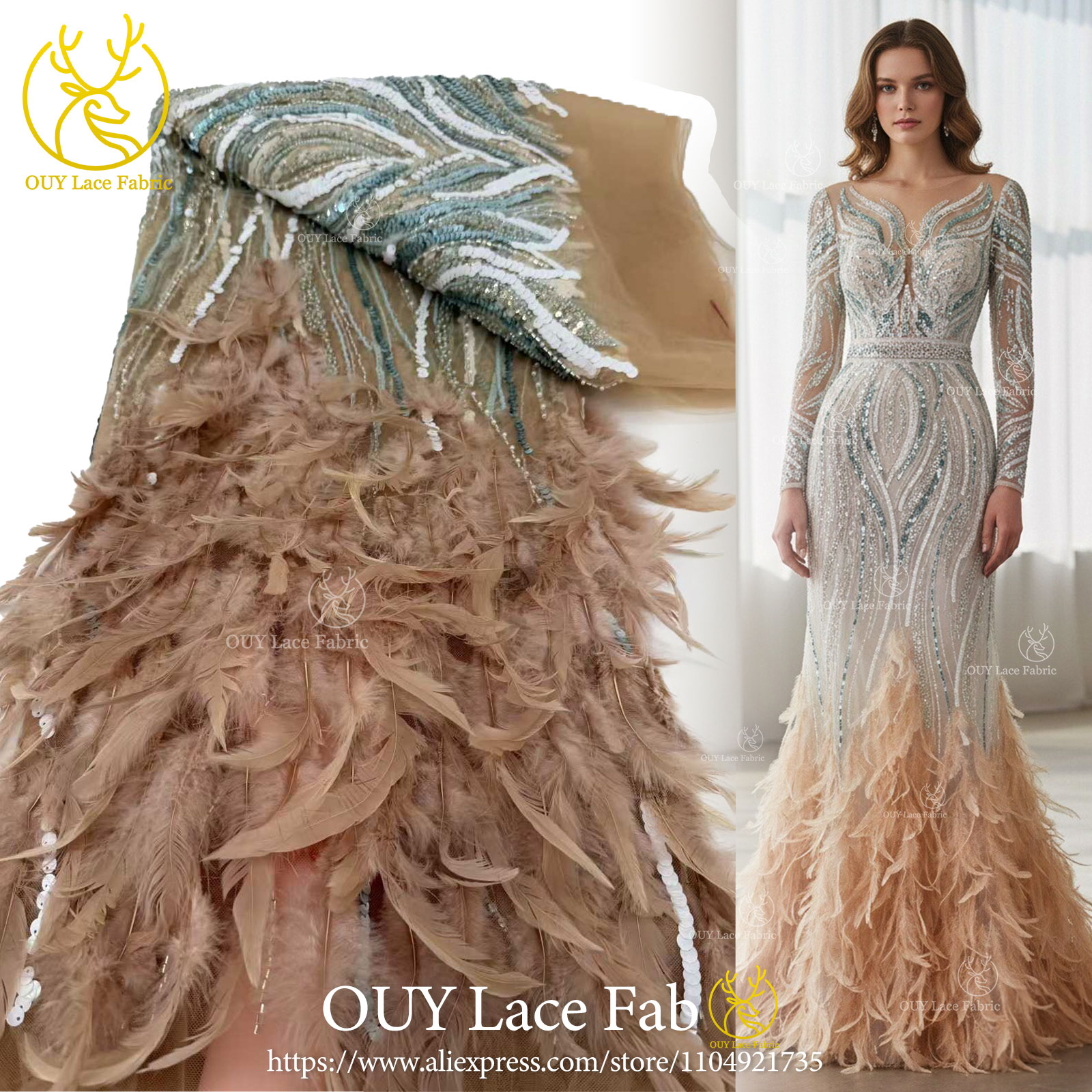 Kain Brokat Payet Bulu 3D Grosir 2026 Kain Brokat Nigeria Afrika Berkualitas Tinggi untuk Jahit Gaun Haute Couture